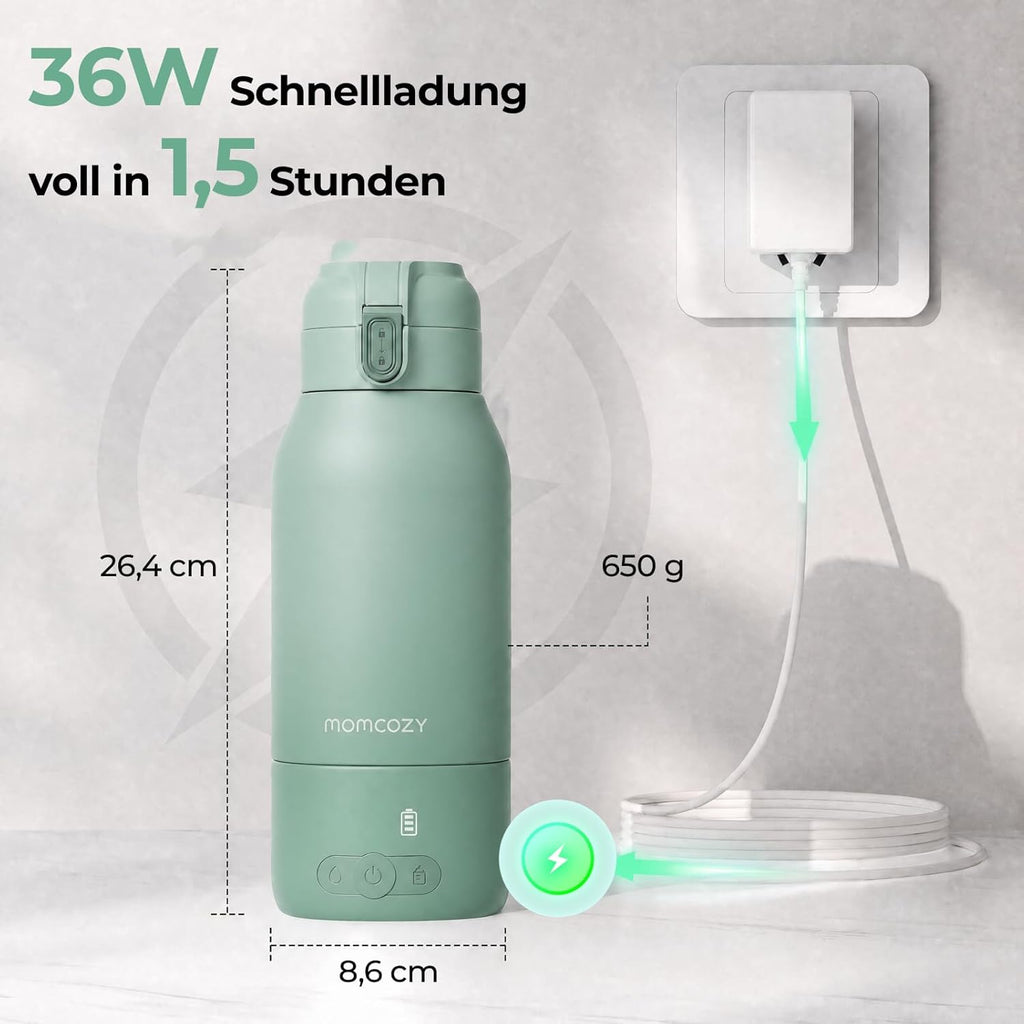 Momcozy MW05 Tragbarer Baby-Flaschenwärmer, 500 ml, 3200 mAh Akku, Mobiler Flaschenwärmer mit Temperaturregelung, Grün