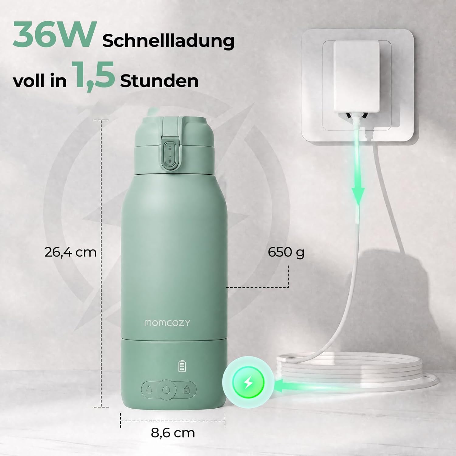 Momcozy MW05 Tragbarer Baby-Flaschenwärmer, 500 ml, 3200 mAh Akku, Mobiler Flaschenwärmer mit Temperaturregelung, Grün