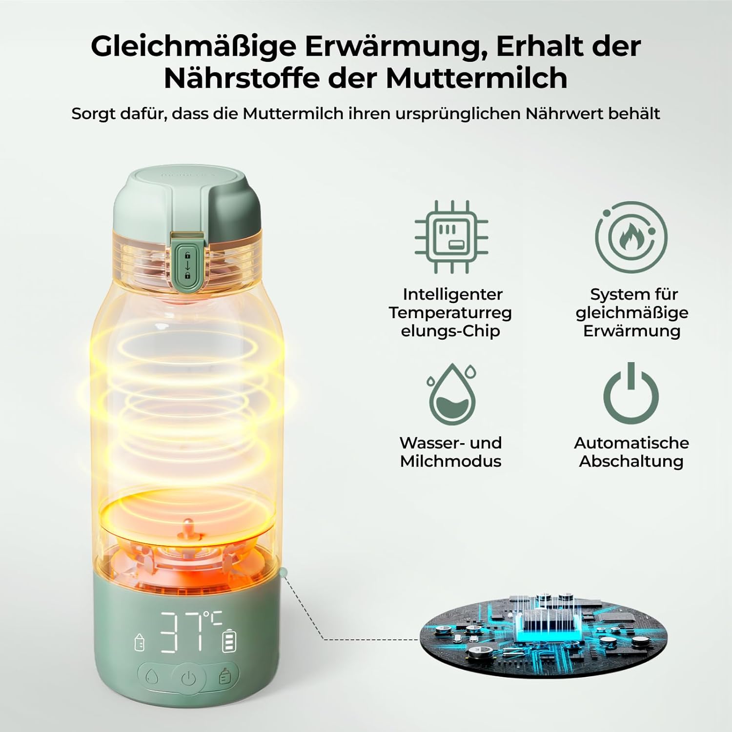 Momcozy MW05 Tragbarer Baby-Flaschenwärmer, 500 ml, 3200 mAh Akku, Mobiler Flaschenwärmer mit Temperaturregelung, Grün