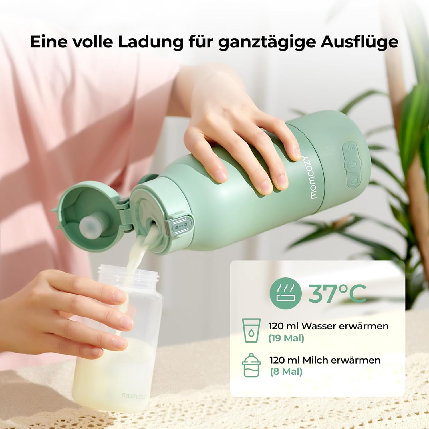 Momcozy MW05 Tragbarer Baby-Flaschenwärmer, 500 ml, 3200 mAh Akku, Mobiler Flaschenwärmer mit Temperaturregelung, Grün