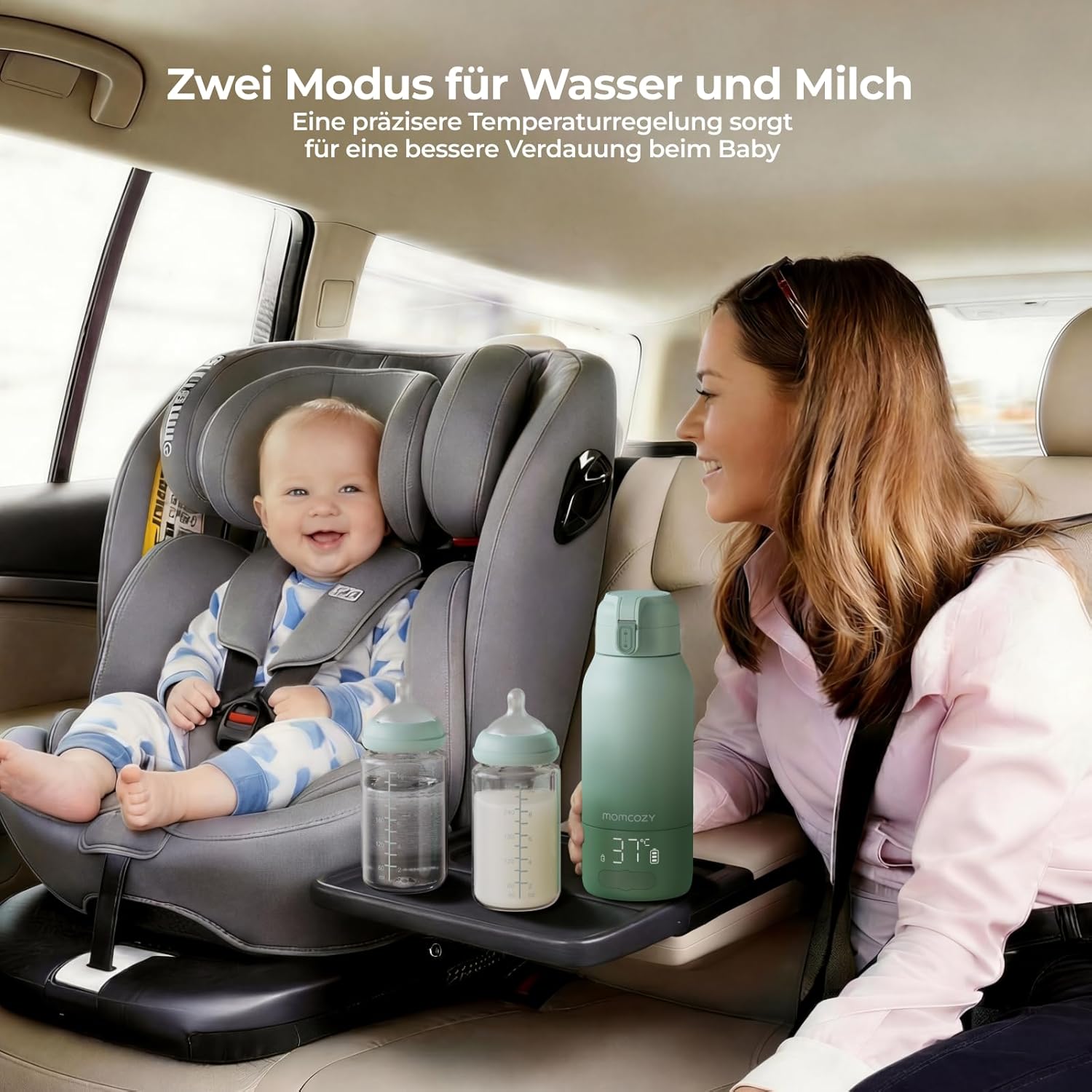 Momcozy MW05 Tragbarer Baby-Flaschenwärmer, 500 ml, 3200 mAh Akku, Mobiler Flaschenwärmer mit Temperaturregelung, Grün