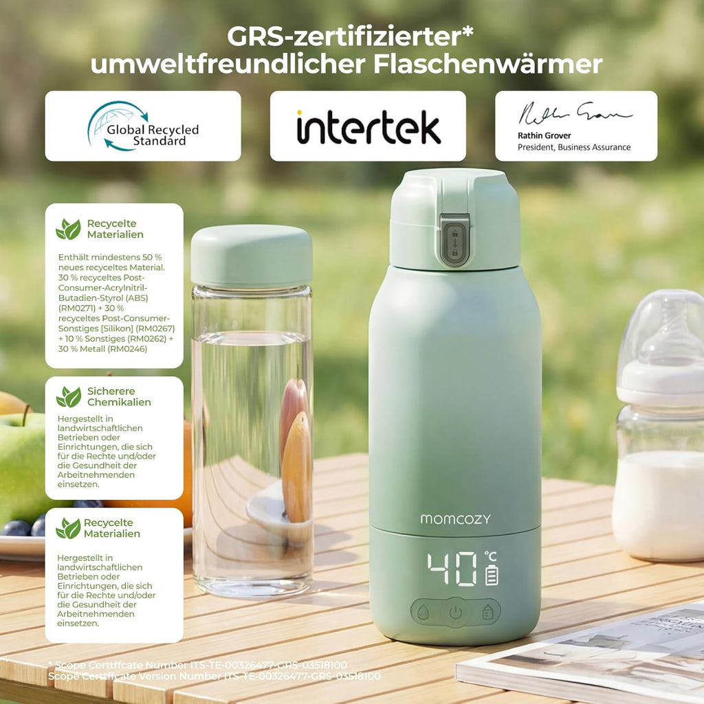Momcozy MW05 Tragbarer Baby-Flaschenwärmer, 500 ml, 3200 mAh Akku, Mobiler Flaschenwärmer mit Temperaturregelung, Grün