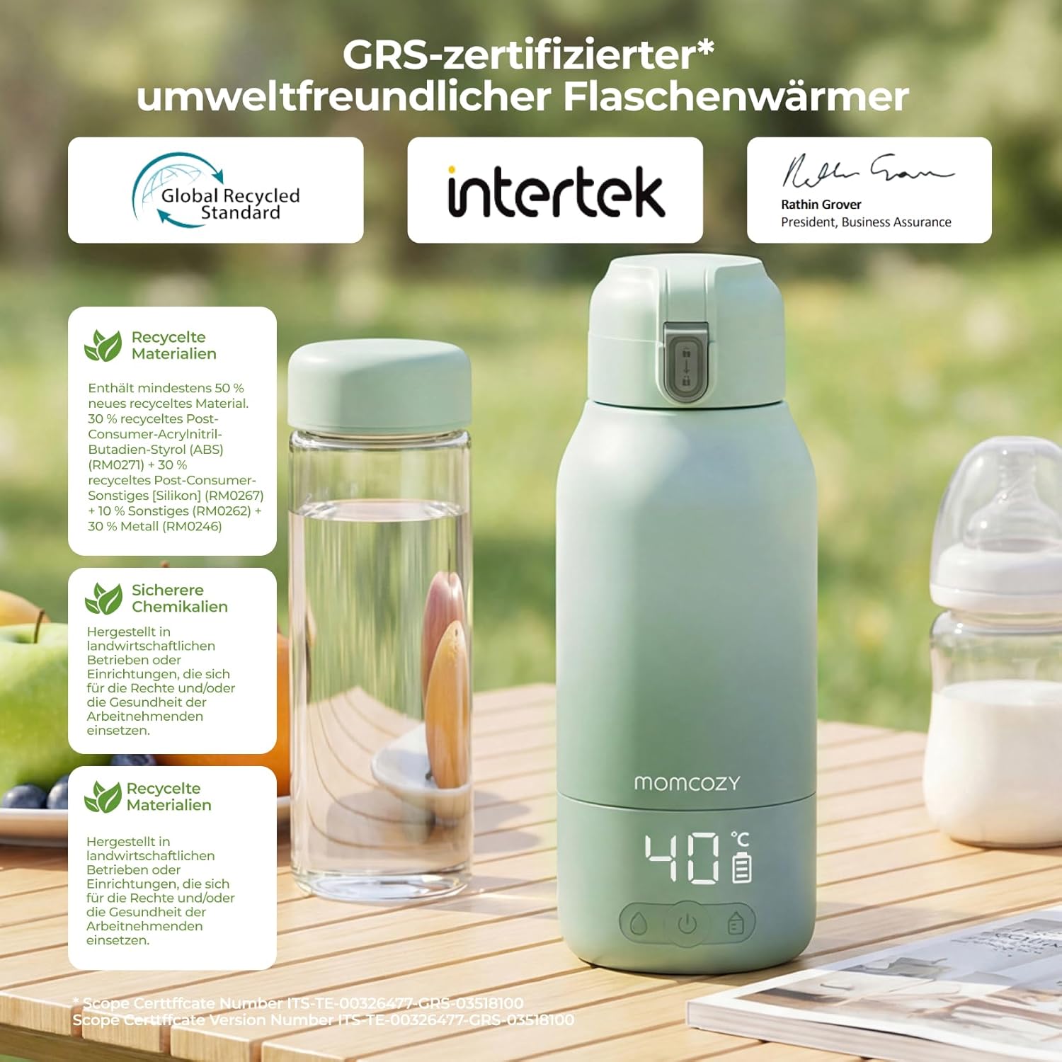 Momcozy MW05 Tragbarer Baby-Flaschenwärmer, 500 ml, 3200 mAh Akku, Mobiler Flaschenwärmer mit Temperaturregelung, Grün