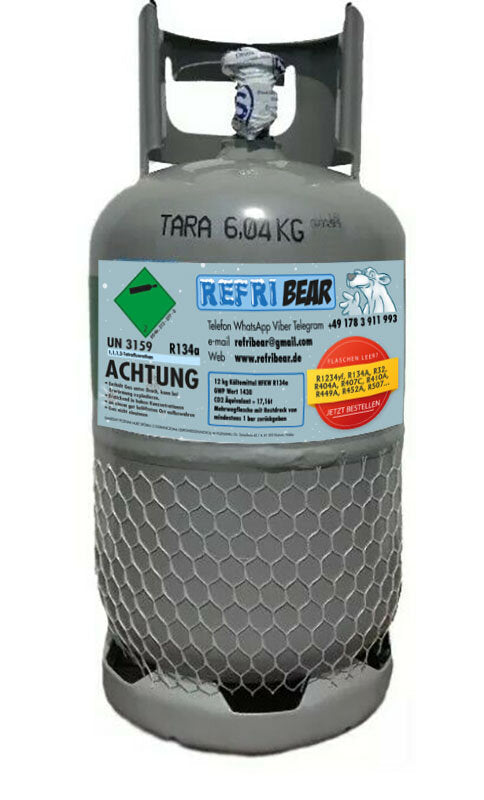 KälteGas Shop R-134a Kältemittel 12 kg Eigentumsflasche Mehrweg Stahl W21,8 DIN HVAC